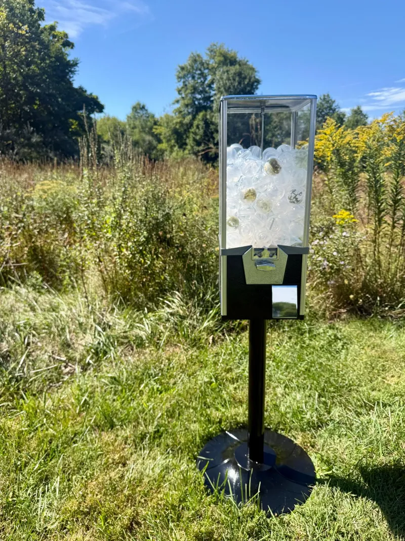 The capsule machine on its stand in a meadow of tall grass and goldenrod, filled with clear capsules with wildflowers inside